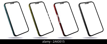 Handys mit Perspektive betrachten. Bunte Smartphones isoliert auf weißem Hintergrund. Stock Vektor