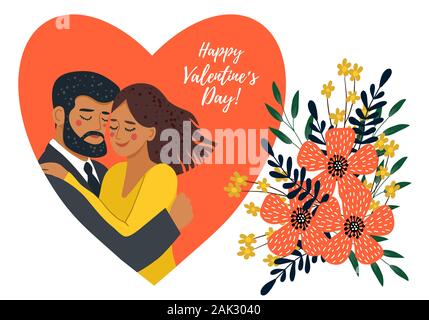 Auf weissem Hintergrund umarmen Paar in Herz und Blumenstrauß isoliert. Cute flachbild Valentines Tag Vector Illustration Stock Vektor