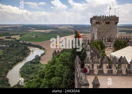 Provinz Cordoba/Almodovar del Rio: Castillo de Almodóvar del Rio (auch Castillo de la Floresta), hoch thronende mittelalterliche Burg oberhalb der Sta Stockfoto