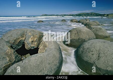 Direkt an der Küste in der Nähe von Oamaru auf der Südinsel Neuseelands gelegen sind die berühmten moeraki Boulders, große orbicular Felsbrocken mit einem Alter von Stockfoto