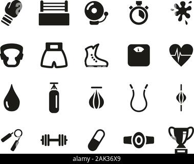 Boxing Sport & Ausrüstung Symbole Black & White Set groß Stock Vektor