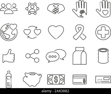 Liebe oder Nächstenliebe arbeiten Symbole Thin Line Set groß Stock Vektor