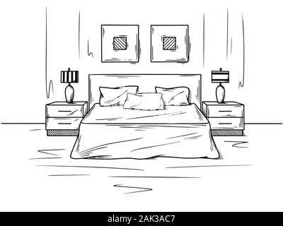 Realistische Skizze der Schlafzimmer. Hand gezeichnete Skizze des Inneren. Vector Illustration Stock Vektor