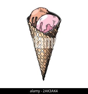 Realistische Skizze in einer Waffel Kegel. Vector Illustration in Skizze Stil. Stock Vektor