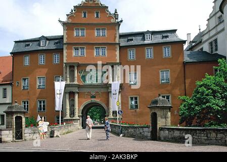 Ein wunderschönes Portal ist der Eingang der Burg des Deutschen Ordens in Bad Mergentheim. Heute ist die Burg das Museum des Deutschen Ordens. Stockfoto