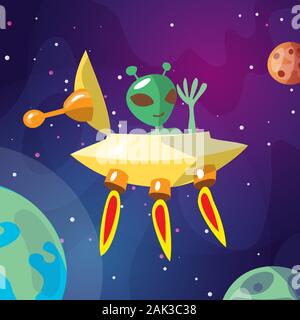 Cute Cartoon Illustration des Ufos und aljan Kreatur Raumschiff Landung auf der Erde oder in Exo Planeten. Süße Alien In Raumschiff Crew der Kleine Grüne Männer Stock Vektor