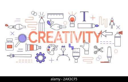 Mit Elementen und Zeichen in der modernen einfachen linearen Stil für die Illustration von kreativen Prozess Vorlage. Minimalistische flachbild Vector Illustration Stock Vektor