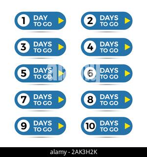 Countdown Abzeichen. Tage zu gehen Verkauf Etiketten mit Tag Links Zahlen Stock Vektor