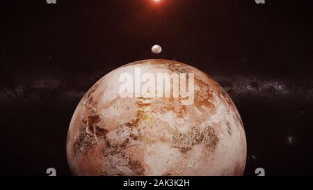 Schöne Desert Planet, Welt mit Mond im fernen Sonnensystem Stockfoto