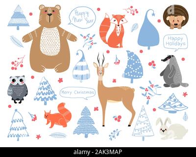 Niedliche Tiere: Fuchs, Dachs, Eichhörnchen, Eule, Hirsch, Reh, Rehe, Hasen, Kaninchen, Igel und verschiedene Elemente Abbildung Hand in scandinav gezeichnet Stock Vektor