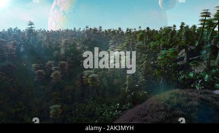 Exoplanet Landschaft, schönen Wald auf einer fremden Welt Stockfoto