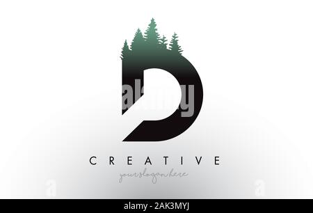 Kreative D schreiben Logo Idee mit Pinienwald Bäume. Buchstabe D Design mit Pine Tree auf TopVector Abbildung. Stock Vektor