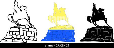 Sehenswürdigkeiten der Ukraine. Denkmal für Kozak. Bohdan Khmelnytsky. Der Reiter auf dem Pferd. Kiew. Logo Vector Illustration.. Stock Vektor