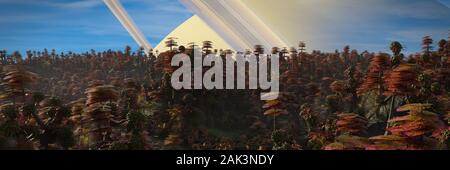 Exoplanet Landschaft, schönen Wald auf einem Fremden Stockfoto