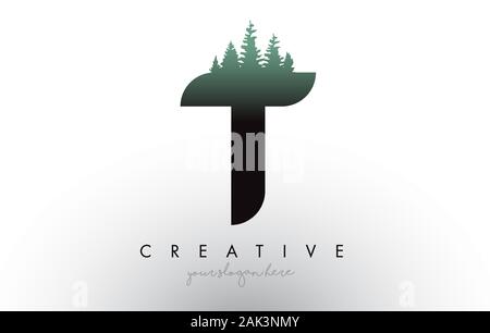 Kreative T Schreiben Logo Idee mit Pinienwald Bäume. Buchstaben T Design mit Pine Tree auf TopVector Abbildung. Stock Vektor