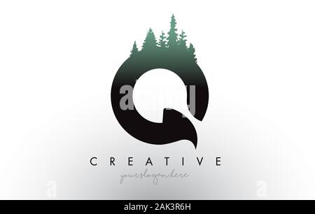 Kreative Q Schreiben Logo Idee mit Pinienwald Bäume. Buchstabe Q Design mit Pine Tree auf TopVector Abbildung. Stock Vektor