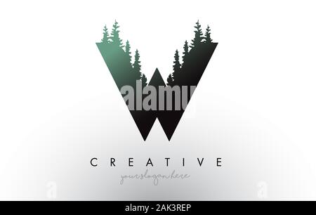 Kreative W Schreiben Logo Idee mit Pinienwald Bäume. Buchstabe W Design mit Pine Tree auf TopVector Abbildung. Stock Vektor