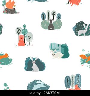 Nahtlose Muster. Eichhörnchen, Hasen auf dem Hintergrund von Bäumen, Pflanzen. Vektorgrafiken sind in einem skandinavischen Stil. Stock Vektor