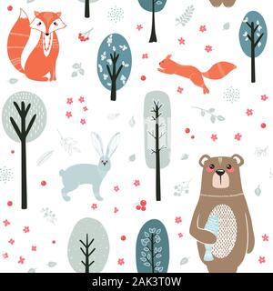 Nahtlose Muster. Süße Tiere auf dem Hintergrund der Wald, Bäume, Pflanzen. Bären, Füchse, Eichhörnchen, Hase. Waldtiere. Vektorgrafiken in der Stock Vektor