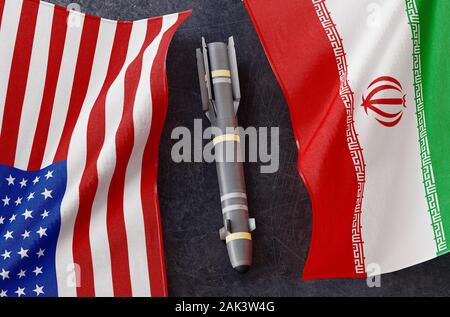 Iran Flagge und USA-Flagge. Nuclear atomare Gefahr. Krieg Konzept. 3D-Rendering Stockfoto