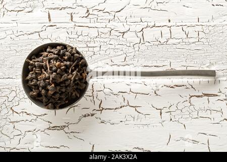 Haufen von roh, getrocknet Zimt blossom buds Spice in Metall Schaufel auf rustikalen weißem Hintergrund mit selektiven Fokus Stockfoto