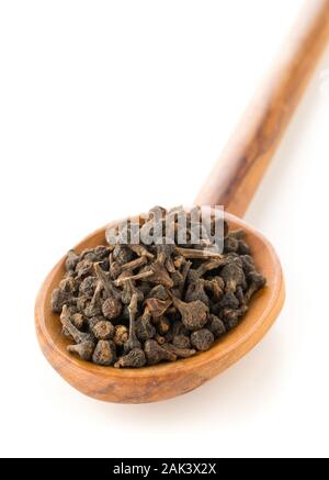Haufen von roh, getrocknet Zimt blossom buds Gewürz in der Kochlöffel auf weißem Hintergrund Stockfoto