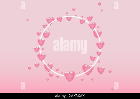 3D-Vektor saint Valentinstag weiße runde Rahmen mit rosa Herzen auf rosa Hintergrund. Plakat und Einladung Stock Vektor