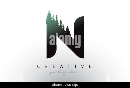 Kreative N Schreiben Logo Idee mit Pinienwald Bäume. Buchstabe N Design mit Pine Tree auf TopVector Abbildung. Stock Vektor