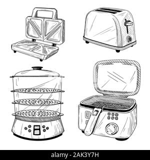 Eine Reihe von Küchengeräten. Toaster, Dampfgarer, Fritteuse auf weißem Hintergrund. Skizze stil Vector Illustration. Stock Vektor