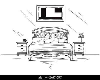 Realistische Skizze der Schlafzimmer. Hand gezeichnete Skizze des Inneren. Vector Illustration Stock Vektor