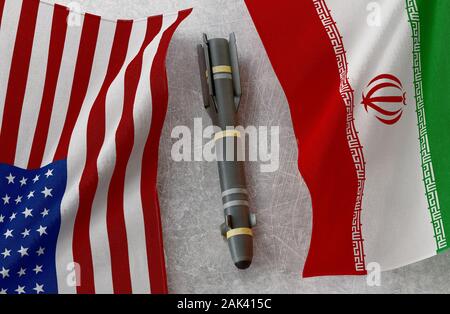 Iran Flagge und USA-Flagge. Nuclear atomare Gefahr. Krieg Konzept. 3D-Rendering Stockfoto