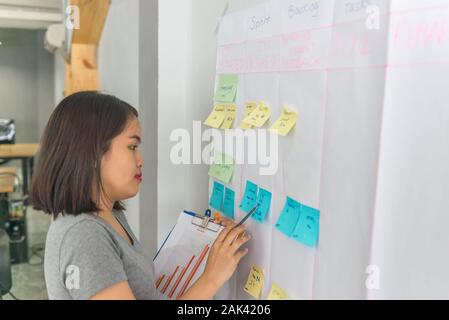 Junge Geschäftsfrau Verfassen von Notizen auf der Tafel Stockfoto