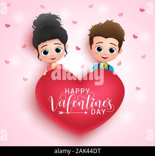 Valentine Charakter vektor Banner Design. Valentines paar Zeichen holding Herz Form- element mit Happy Valentines Tag gruss Typografie. Stock Vektor