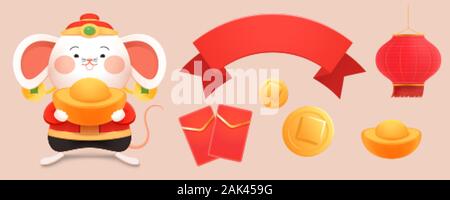 Süße weiße Maus caishen Holding Goldbarren mit anderen neues Jahr Elemente Stock Vektor