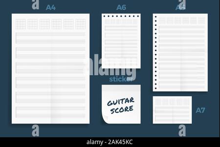 Satz von Zerknitterten vier Standart leer Gitarre score-Serie ein Format, Papier A4, A5, A6 und A7-Größe mit Hinweis Aufkleber Stock Vektor