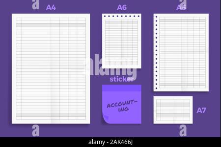 Satz von Zerknitterten vier Standart leer acounting Blatt Serie ein Format, Papier A4, A5, A6 und A7-Größe mit Hinweis Aufkleber Stock Vektor