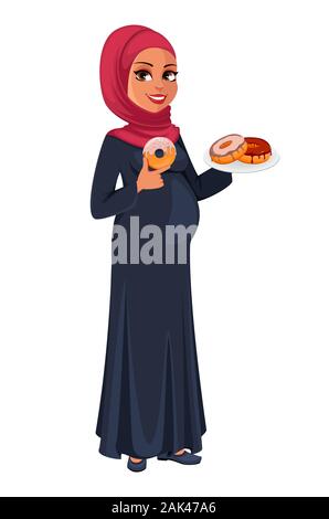 Schöne schwangere muslimischen Frau im hijab Holding Donuts. Cute arabische Lady bereitet eine Mutter zu sein. Musselin Mädchen cartoon Charakter. Vector Illustration Stock Vektor