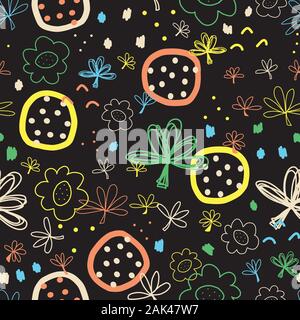 Nahtlose doodle vector Hintergrund abstrakte Formen collage schwarz weiss blau grün gelb orange. Moderne Muster mit Blumen, Blätter für Fabric Stock Vektor