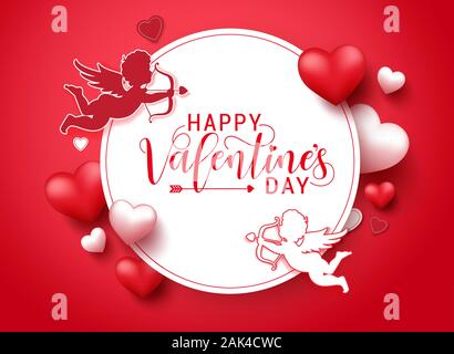 Valentines vektor Vorlage. Happy Valentines Tag Typografie in weißen Kreis Platz für Text und Nachrichten mit velentines Elemente von Amor und Herz. Stock Vektor