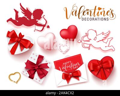 Valentines Dekorationen Vektor einrichten. Valentinstag Dekoration von Amor, Geschenke, Brief, und Herzen Element für valentine Kollektion in Weiß isoliert. Stock Vektor