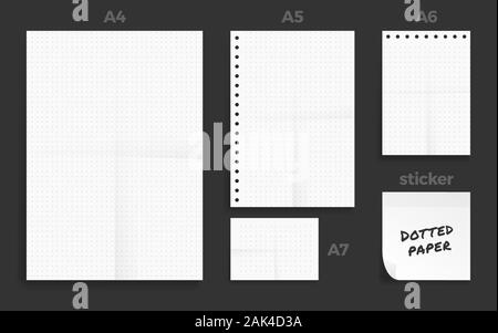 Satz von Zerknitterten vier Standart gepunktete leer Serie ein Format, Papier A4, A5, A6 und A7-Größe mit Hinweis Aufkleber Stock Vektor