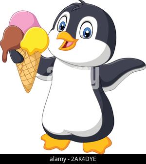 Cartoon penguin hält eine Eistüte mit 3 Kugeln Eis Stock Vektor