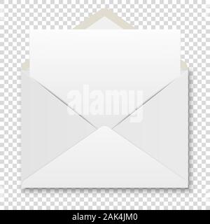 Vektor Realistische weißen Umschlag mit weissen Blatt Papier Closeup isoliert auf Transparenten Hintergrund. Design Template für Zertifikat, Dokument, Schreiben Stock Vektor