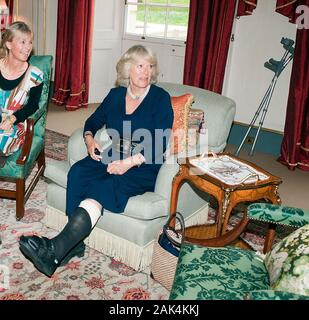 Die Herzogin von Cornwall mit ihr Bein in Gips nach einem Unfall zu Fuß in Balmoral Treffen mit Mitgliedern des Orange Prize Jugendgremium im Clarence House in London im Jahr 2010. Stockfoto