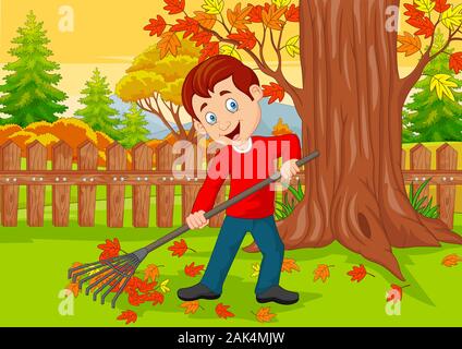 Cartoon männlichen Cleaner fegen Herbstlaub mit Rechen Stock Vektor