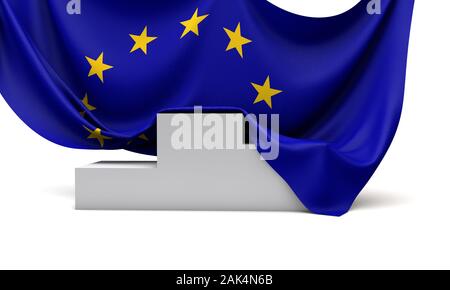 Fahne der Europäischen Union drapiert über einen Wettbewerb Siegertreppchen. 3D-Rendering Stockfoto