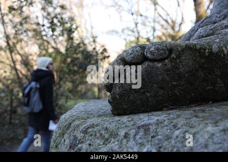 Bomarzo, Italien. 3 Jan, 2020. Eine Frau, die Spaziergänge im Park der Monster in Bomarzo, Italien, Jan. 3, 2020. Bomarzo, einem Dorf in der Region Latium am Fuße des Monte Cimino, besitzt ein einzigartiges Werk, das Haus der Wunder, auch genannt der Heilige Wald oder Park der Monster.lt wurde von Herzog von Bomarzo, Vicino Orsini konstruiert und Architekten Pirro Ligorio 1552. Dieses italieners Stil Garten folgt geometrische und Perspektive Rationalität mit Verzierungen wie breiten Terrassen, Brunnen mit Wasser spielen und Manieristischen Skulpturen. Credit: Cheng Tingting/Xinhua/Alamy leben Nachrichten Stockfoto