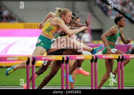 Sally Pearson (Allemagne) Im ersten Halbfinale 100m Hürden Frauen der IAAF Leichtathletik WM am 6. August im Olympischen Stadion in London, Großbritannien 201st Foto Laurent Lairys/DPPI Stockfoto