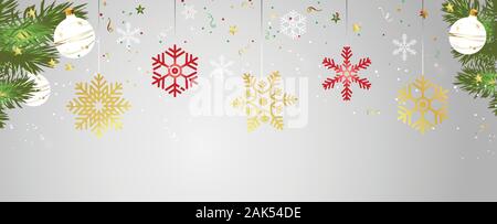 Weihnachten und neues Jahr horizontale Banner. Festliche Hintergrund Schneeflocken und funkelndes Licht Girlanden. Vector Illustration mit Weihnachtskugeln. Stock Vektor