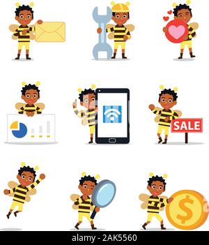 Einstellen des Menschen Charakter in bumble bee niedliche Kostüm auf der Suche nach Honig in einem Glas. Stock Vektor